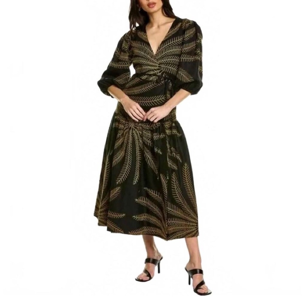 Alexis Blisse Dress Women Medium Black Safari Breeze Embroidered Linen Wrap Midi